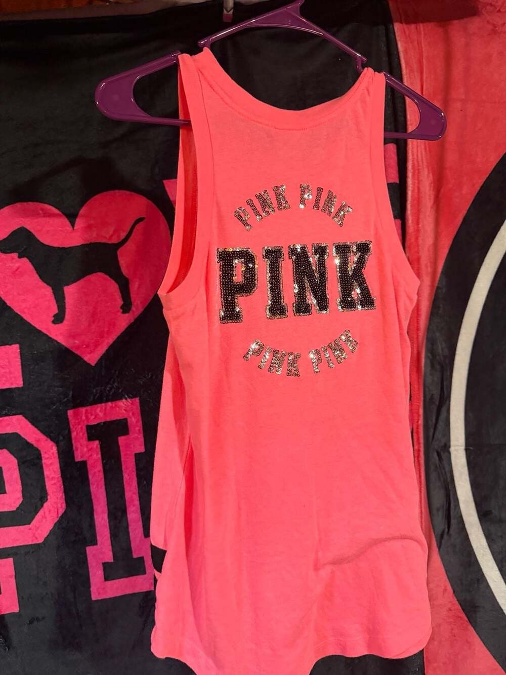 Victoria's Secret PINK Neon Pink Sleeveless Tank Top with Black Stripes